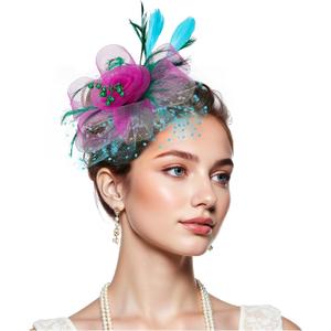 Zando Kentucky Fascinators Hats for Women 2026 Derby Tea Party Hats for Women & Girls Flower Mesh Feathers Headband Fancy Headwear Hair Clip for Wedding Church Green & Hot Pink & Blue Fascinator