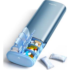 Vaydeer Metal 7 Day Pill Organizer 2 Times a Day  AM PM Weekly Travel Pill Case with Moisture-Proof Desiccant, Airtight Large Capacity Pill Box for Vitamins, Medications & Supplements (Blue)