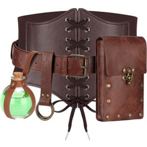 Women Renaissance Corset Belt Pouch Halloween Medieval Renaissance Costume Accessories (L/Waist 32"-43", Brown Potion Bottle Set)