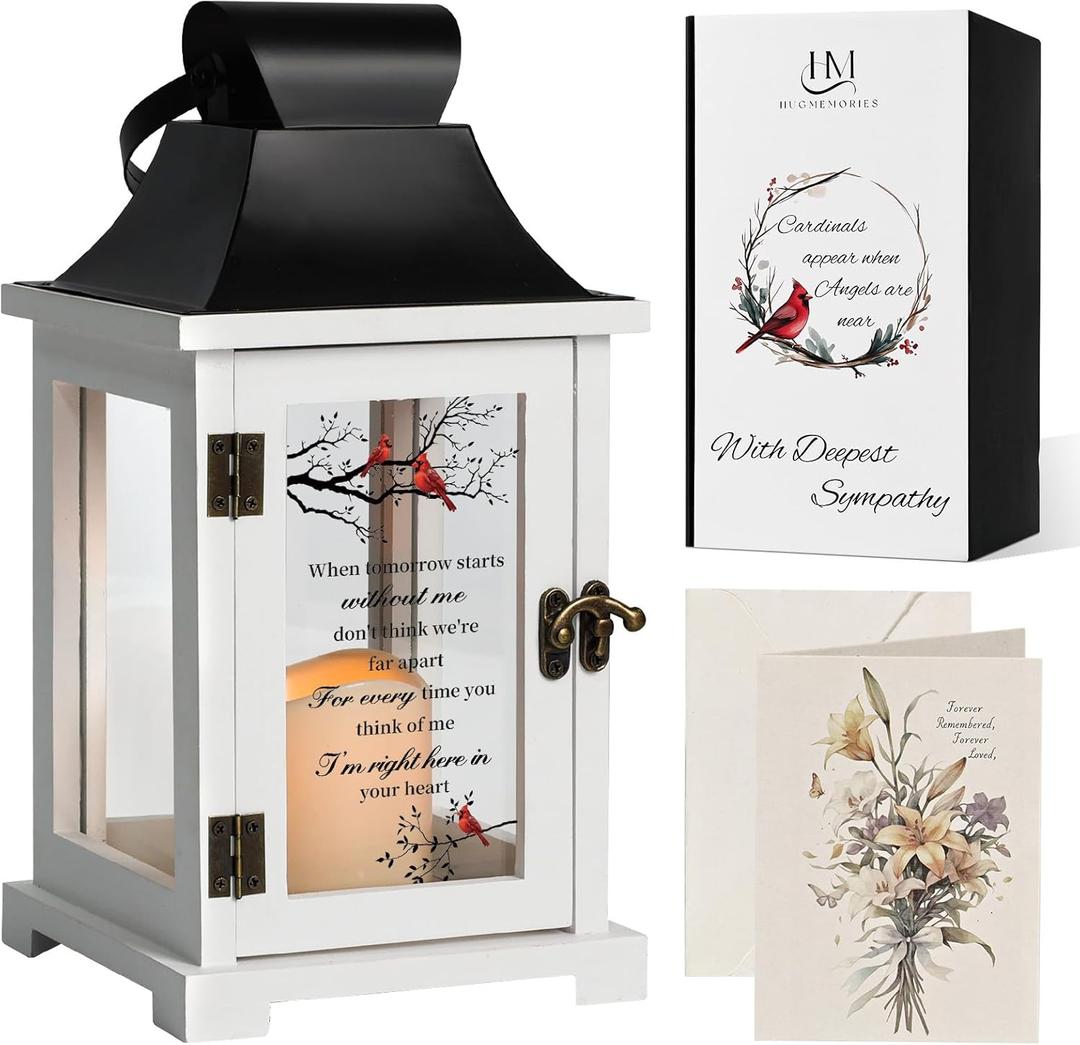HugMemories Memorial Lantern, Bereavement Sympathy Gifts for Loss of Loved One Mother Father, Bereavement Gifts Thoughtful Funeral Gifts in Memory of Loved One with LED Candle (When Tomorrow Starts Without Me White)