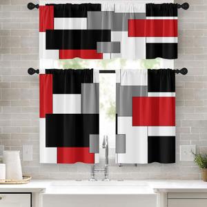 Red Kitchen Window Curtains Valance and Tier Set, Black Grey Modern Rod Pocket Short Tier Curtain, Abstract Art Small Cafe Drapes for Kitchen Decor 52" x 24"