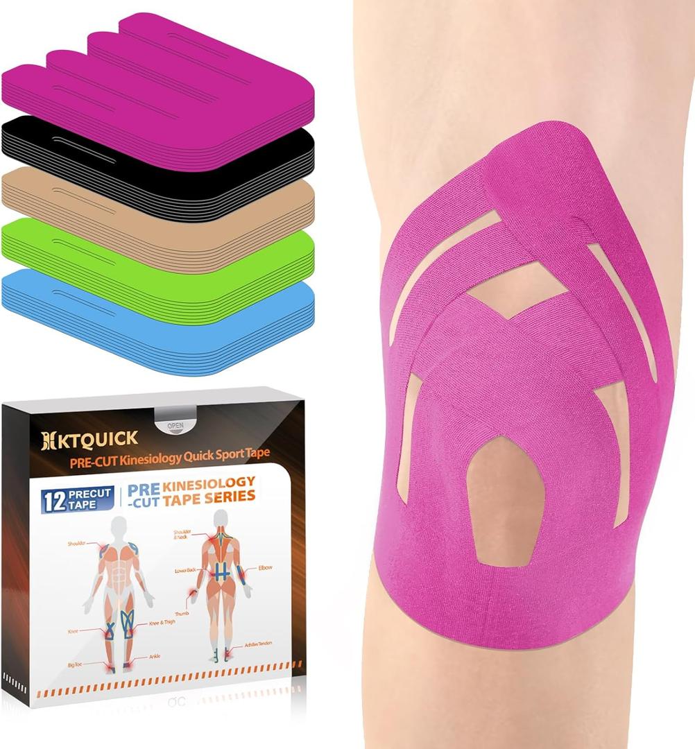 PreCut Kinesiology Tape for Knees, 12PCS Upgraded Waterproof KTQUICK Knee Tape for Knee Pain Relief Pre Cut, Original Cotton Athletic Knee Tape, Waterproof&Hypoallergenic Latex-Free for Sports (Pink)