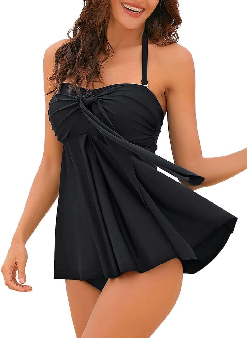 LookbookStore Women's Halter Bandeau Self-Tied Tankini Set Two Pieces Swimsuits (Large)