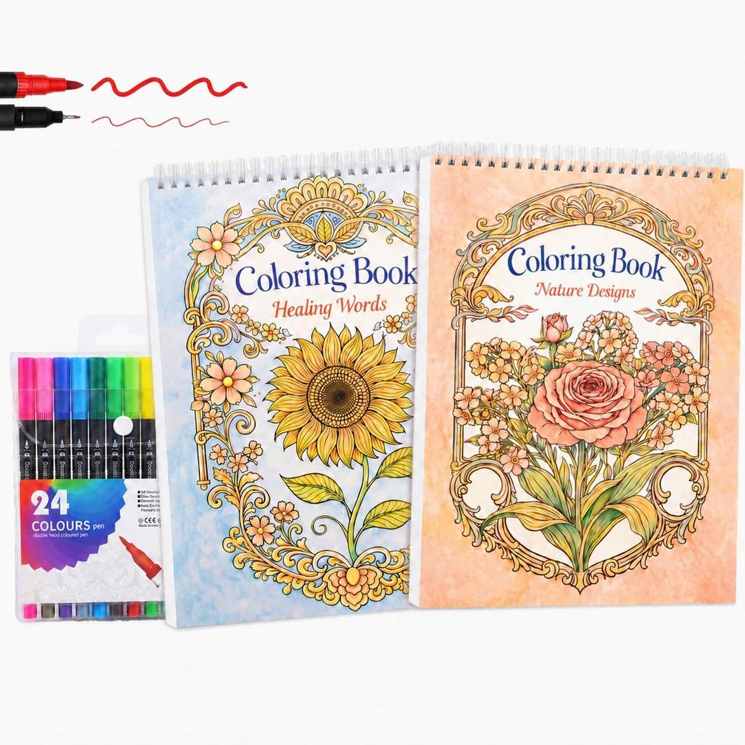 LOTWOW Adult Coloring Book Set of 2, 60 Nature & Healing Words Patterns | 24 Colors Non-Toxic Dual-Tip Brush Markers, Funny Stress Relief, Perfect Cancer Care, Get Well, Birthday Gifts for Women