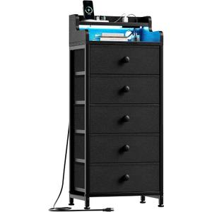 REAHOME Dresser for Bedroom with Charging Station and LED Lights, 5 Drawers Dresser Black Chest of Drawers with Shelves, Tall Night Stand with Sturdy Steel Frame & Wood Top for Bedroom - Black Grey