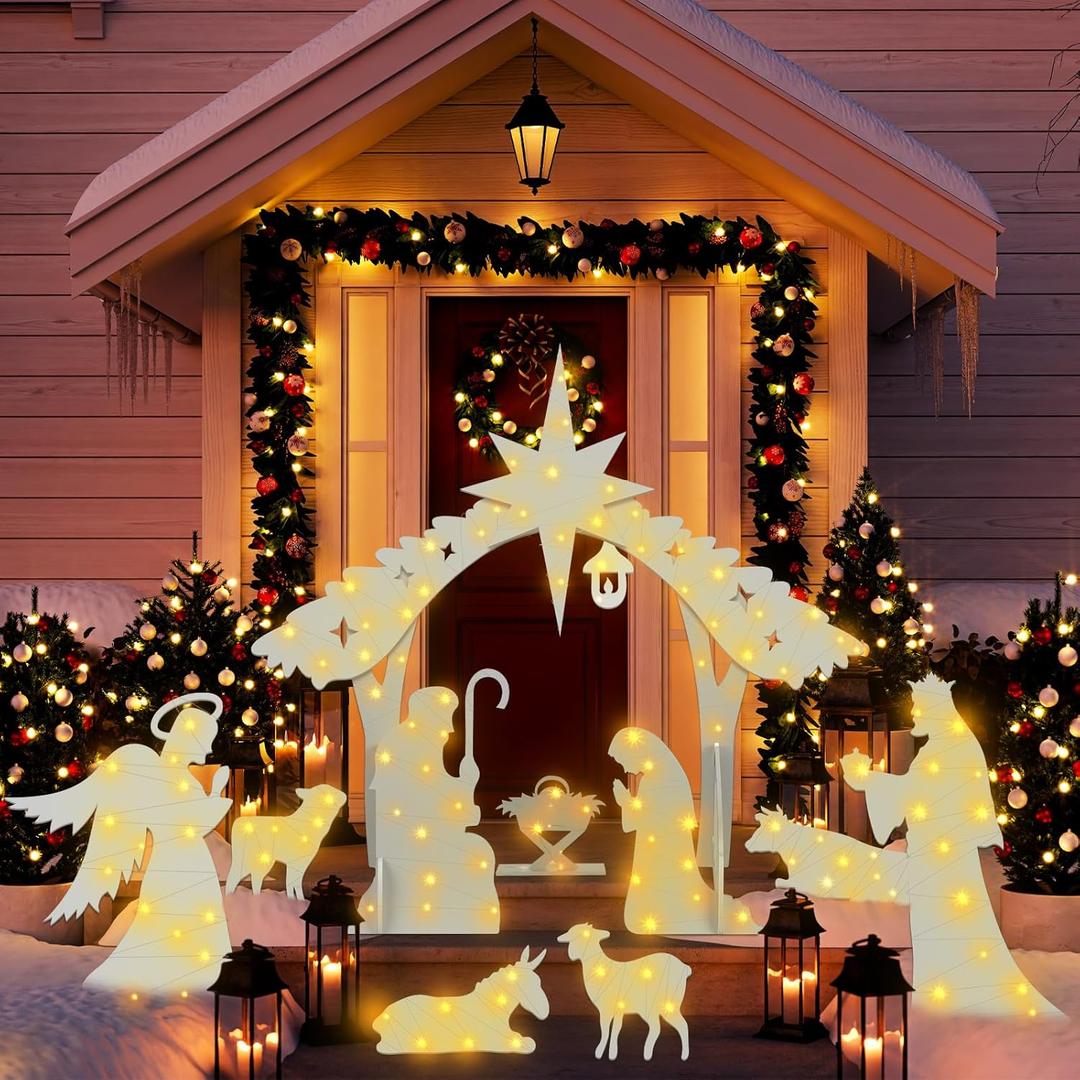 Soaoo Outdoor White Nativity Scene with 2 String Lights Silhouette Yard Sign Display Water Resistant PVC Large Holy Family Yard Nativity Scene Christmas Decor for Xmas Front Lawn