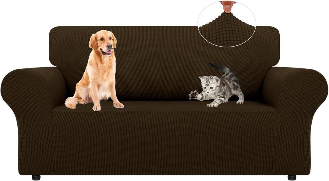 LURKA Stretch Loveseat Sofa Slipcovers 1 Piece Couch Covers for Sofa Furniture Protector Full Sofa Covers with Elastic Bottom for Kids and Dog (Brown, Medium)