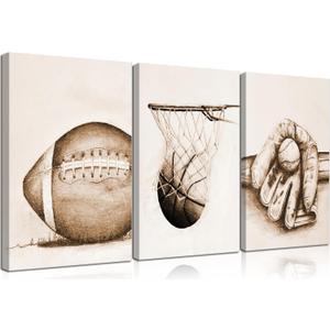 3Pcs Sports Wall Art Football Baseball Basketball Theme Painting Picture Wall Decor Vintage Sport Poster Print Artwork for Boy Room Playroom Bedroom Gameroom Home Decoration 16" × 24" Canvas