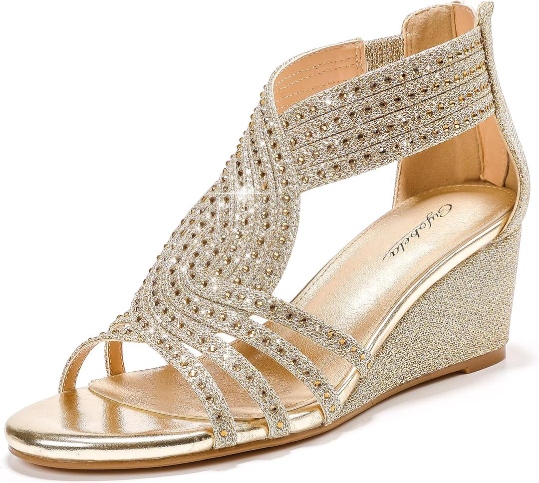 Women Wedge Sandals Sparkly Rhinestone Open Toe Fashion Dressy Sandals Evening Wedding Prom Shoes (7.5, Gold)