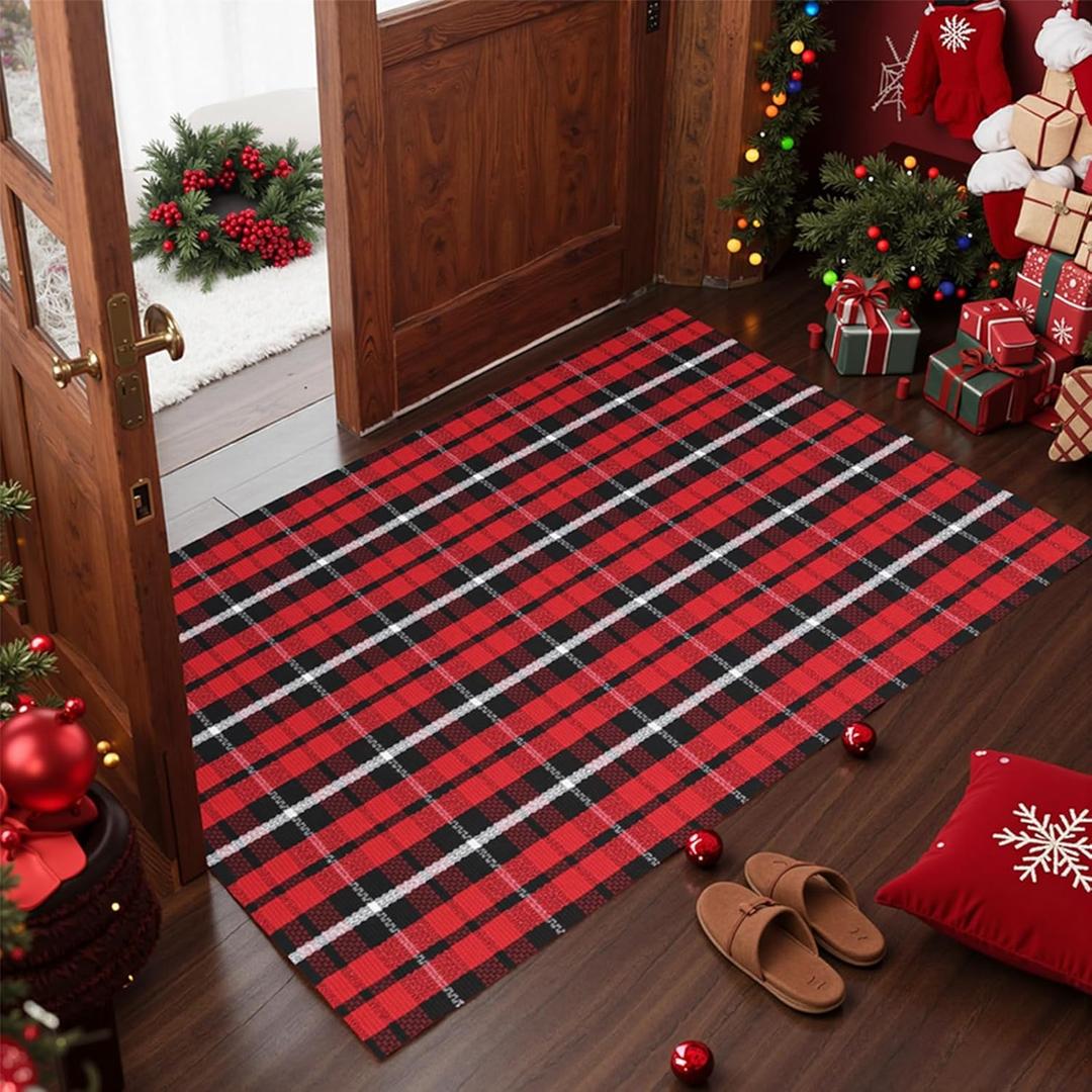 Buffalo Plaid Outdoor Rug 2' x 4'4" Red & Black White Checkered Area Rug Washable Doormats Indoor Outdoor Rugs for Layered Front Door Mats, Porch, Entryway, Kitchen, Farmhouse