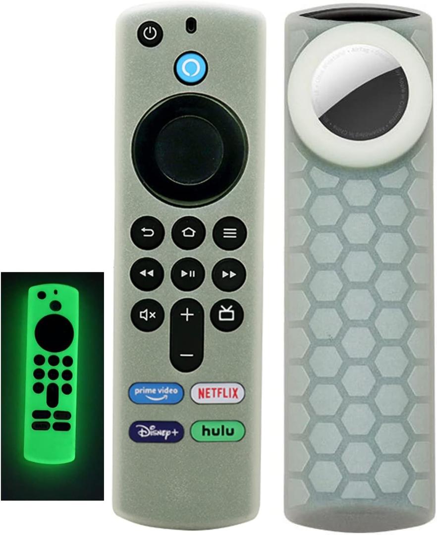 Compatible for Alexa Voice Remote Cover/TV Stick 4K Max Remote Cover (3rd Gen 2021) with Airtag Holder, Glow in The Dark,Item Finder Anti-Slip Silicone Protective Case,Glow Green