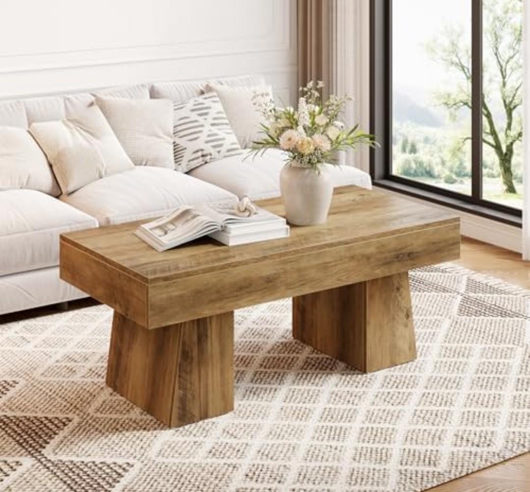 LITTLE TREE Farmhouse Coffee Table, 47 Inches Wooden Rectangular Accent Center Tables with Thick Base, Modern Low Cocktail Tea Furniture for Living Room (Rustic Brown)