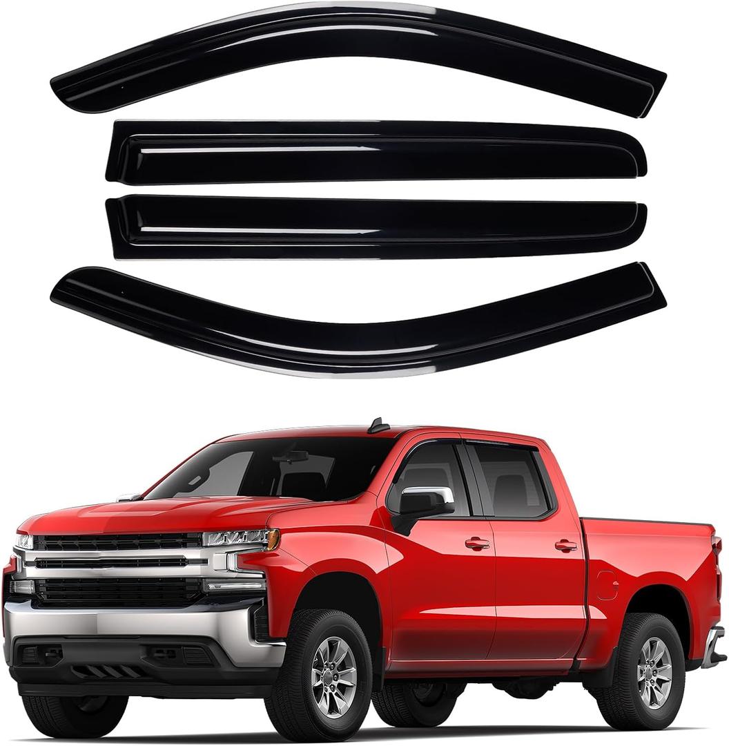 Window Visors Rain Guards for Chevrolet Chevy Silverado/GMC Sierra 1500 Crew Cab 2019-2025 2026 Accessories, Outside-Mount Tape-On Side Window Wind Deflectors Vent Visors Shades Rainproof