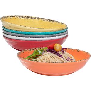 Vintage Pasta Bowl, Melamine Pasta Bowls Set of 6, 42 OZ Large Corlorful Serving Bowl for Kitchen, Dishwasher Safe Salad,Soup,Fruit, Dinner Bowls, Shallow Pasta Plates