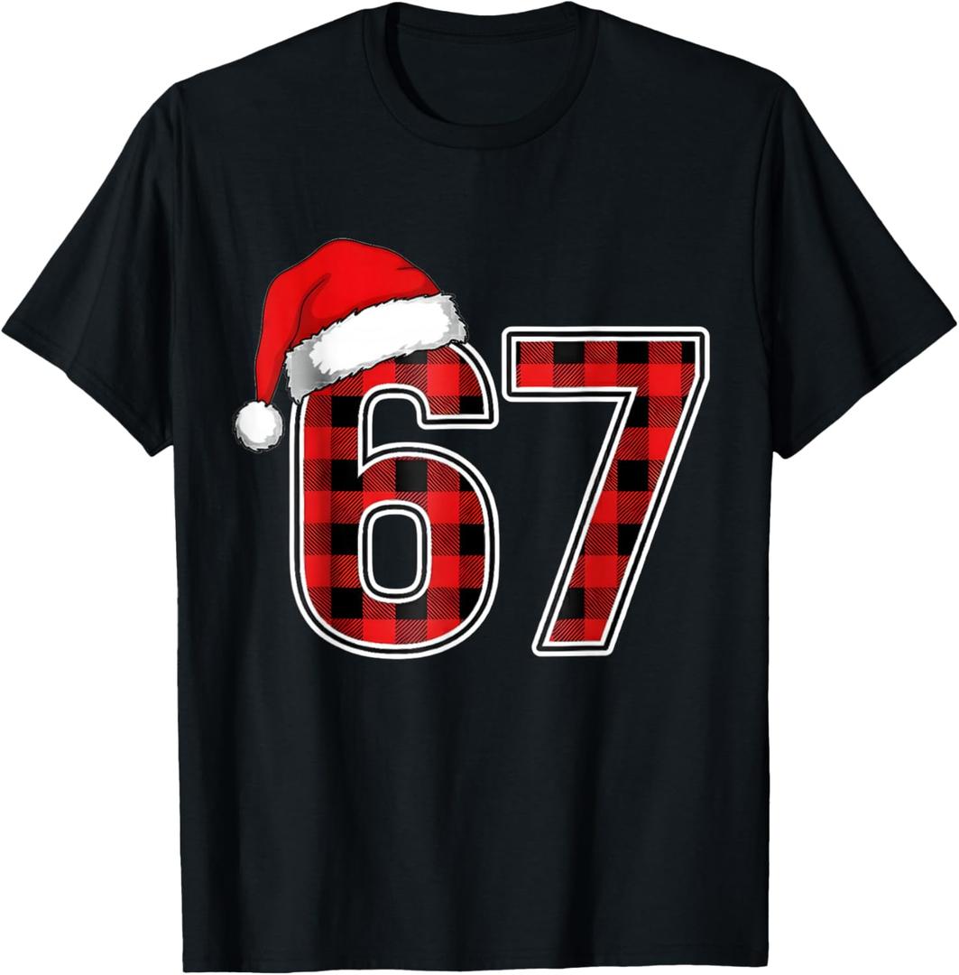 67 Meme Funny Christmas Red Plaid Xmas Pajamas Slang  T-Shirt, S