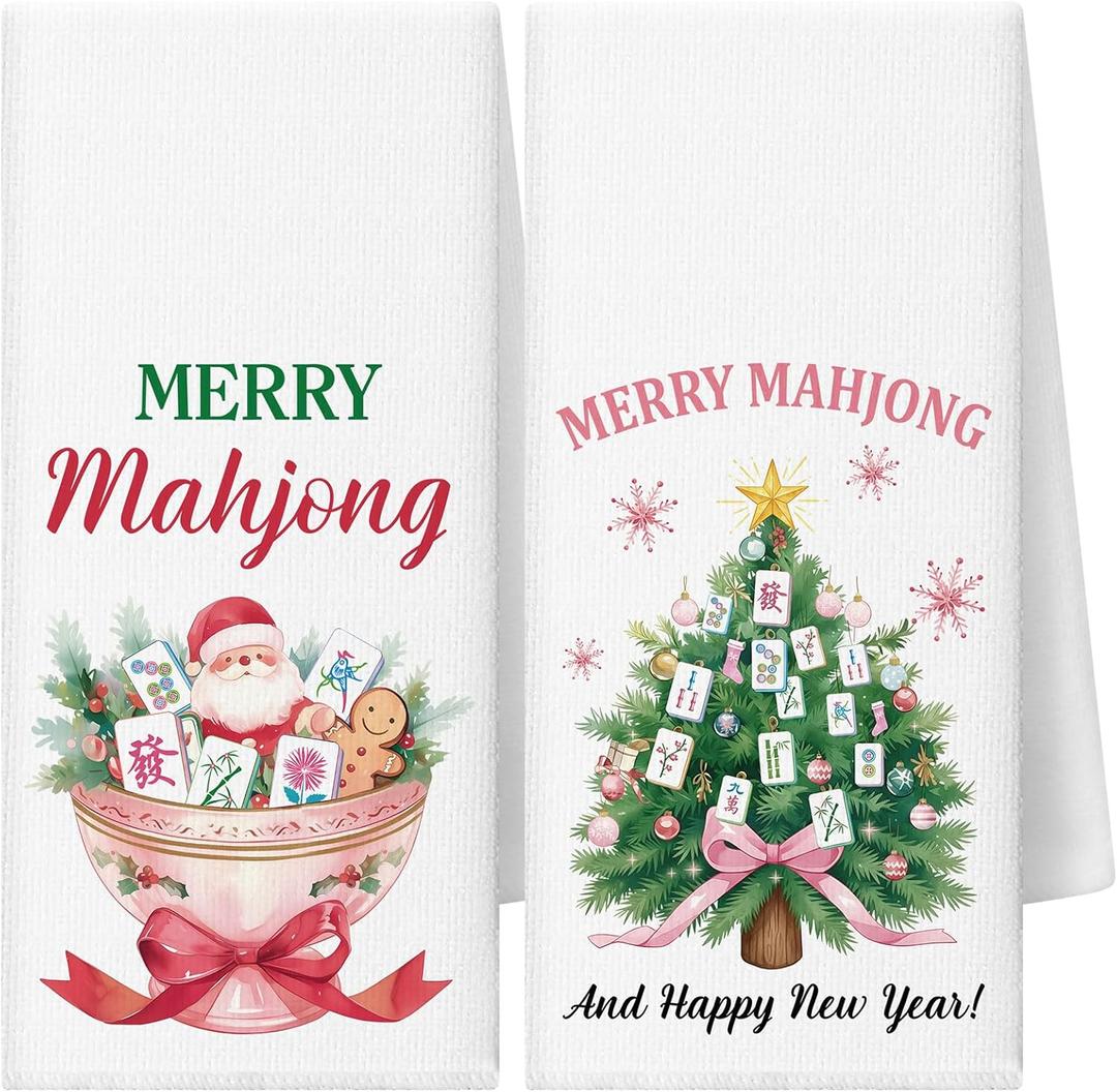 Moukeren 2 Pcs Merry Mahjong Christmas Tree Kitchen Towels Pink Chinoiserie Mahjong Gifts Happy New Year Dish Tea Towels for Xmas Gifts Mah Jong Players Lovers Party Favors Decorative, 16x24 Inch