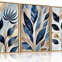 HPNIUB Blue Botanical Leaf Framed Wall Art Set,Modern Natural Blue and Gold Plant Wall Decor,Abstract Boho Minimalist Rustic Floral Leaves Artwork for Living Room, Bedroom,Office-24''x36''x3