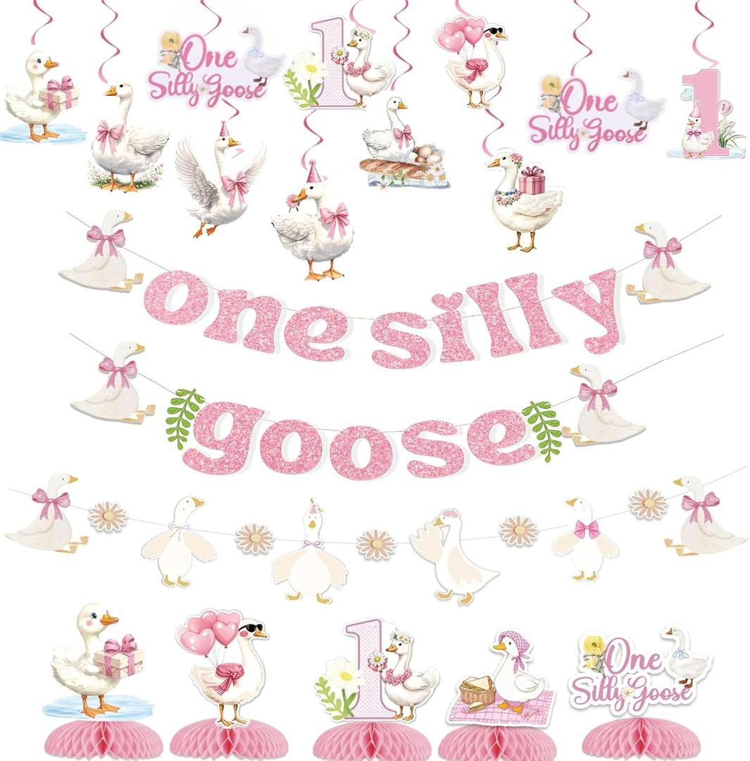 One Silly Goose Birthday Decor Girl One Silly Goose 1st Birthday Party Decorations for Girls Silly Goose Hanging Swirl Garland Honeycomb Table Centerpieces Funny Goose Farm Animal Themed Party Supplies