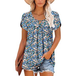 onlypuff Womens T Shirts Short Sleeve Pleated Floral Tunic Tops Dressy Casual Crew Neck Summer Boho Tops Blouses (Blue, L)