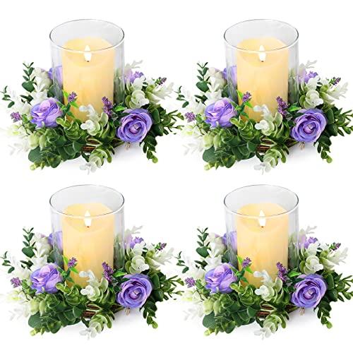 4 Pcs Purple Rose Candle Rings - Artificial Floral Wreaths with Eucalyptus Leaves Greenery Flower Wreaths for Pillar Farmhouse Wedding Centerpiece Party Home Decor