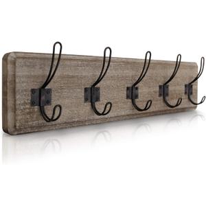 HBCY Creations Weathered Rustic Coat Rack Wall Mount with 5 Hooks, Solid Pine Wood 24 inch Wall Hooks for Entryway, Mudroom, Hallway, Bathroom - Vintage Farmhouse Style Wall Mounted Towel Rack