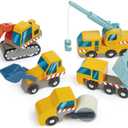 Tender Leaf Toys - Construction Site - Four Heavy Vehicles with Crane Truck, Road Roller, Dump Truck and Front Loader - Build Your Own Construction Site and Develops Fine Motor Skills for Children 3+