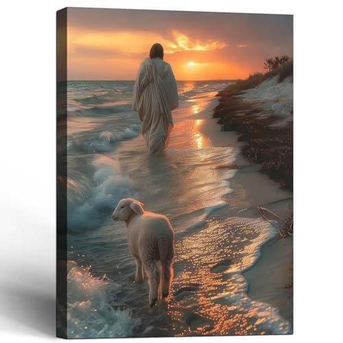 Framed Jesus Canvas Wall Art Jesus Lamb Walking on the Beach Wall Decor Gallery Decoration Unique Print Living Room Bedroom Church Christian Decor 16x24 Inch Ready to Hang