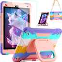 for iPad 9th/8th/7th Generation Case, iPad 10.2 Case 2021/2020/2019, Rugged Heavy Duty Shockproof Protective Kids Case with Screen Protector/360° Rotating Folding Stand/Pencil Holder/Shoulder Strap (Rainbow)