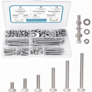 Stainless Steel Bolts and Nuts Assortment, Hex 1/4-20 Hardware Set with Flat and Lock Washers 304 Grade 180 Pieces