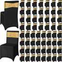 Chumia 120 Pcs Chair Covers and Sashes, Stretch Spandex Chair Covers with Shiny Sashes for Wedding Party Banquet Dining Decor(Black, Gold)