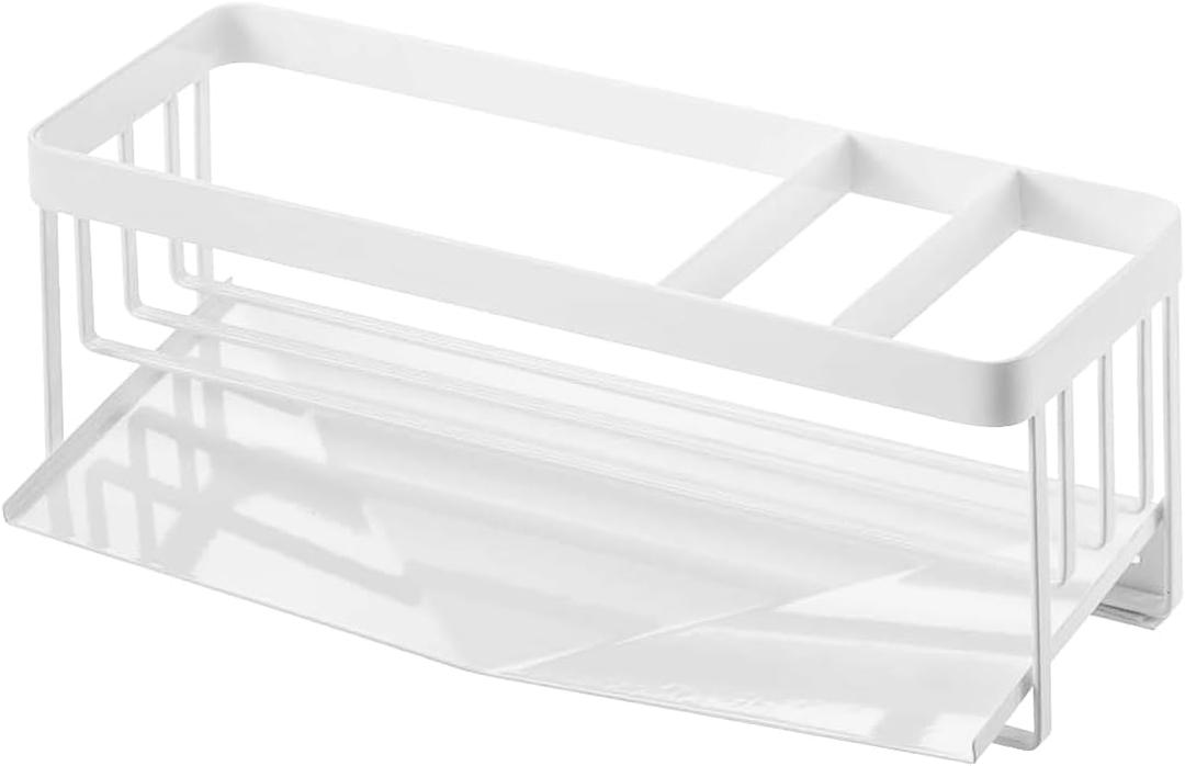 YAMAZAKI Home Tower Self-Draining Sponge and Soap Bottle Rack, Kitchen Sink Organizer Metal Holder with Removable Tray - Steel (White)