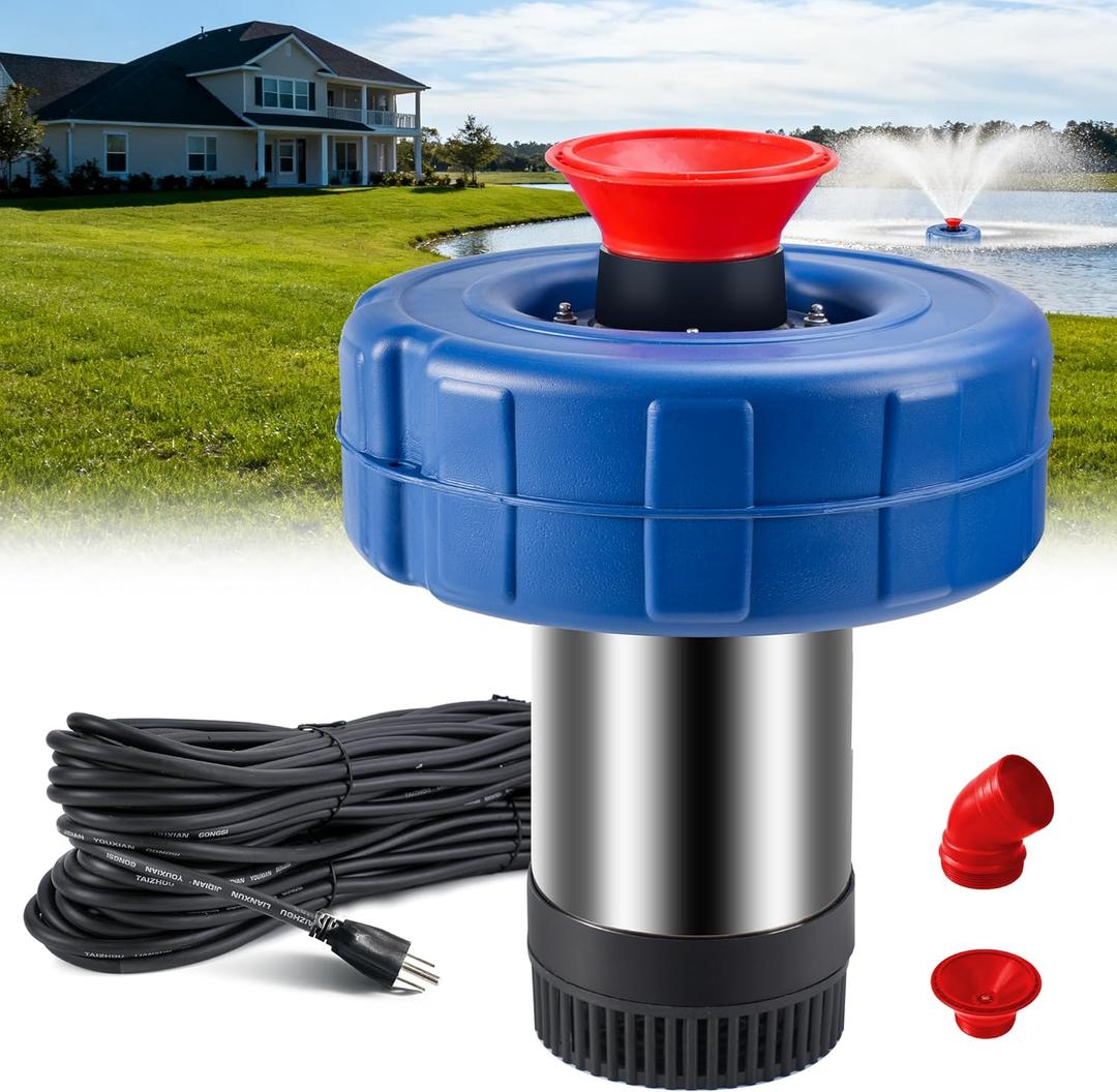 Pond Fountain Aerator - 110V, 0.75KW/1HP, 15000 GPH Pump. Fully Automatic Powerful Lake Floating Fountain with 100 - Foot Power Cord and Two 100 - Foot Guide Ropes for Large Ponds and Lakes (F-65)