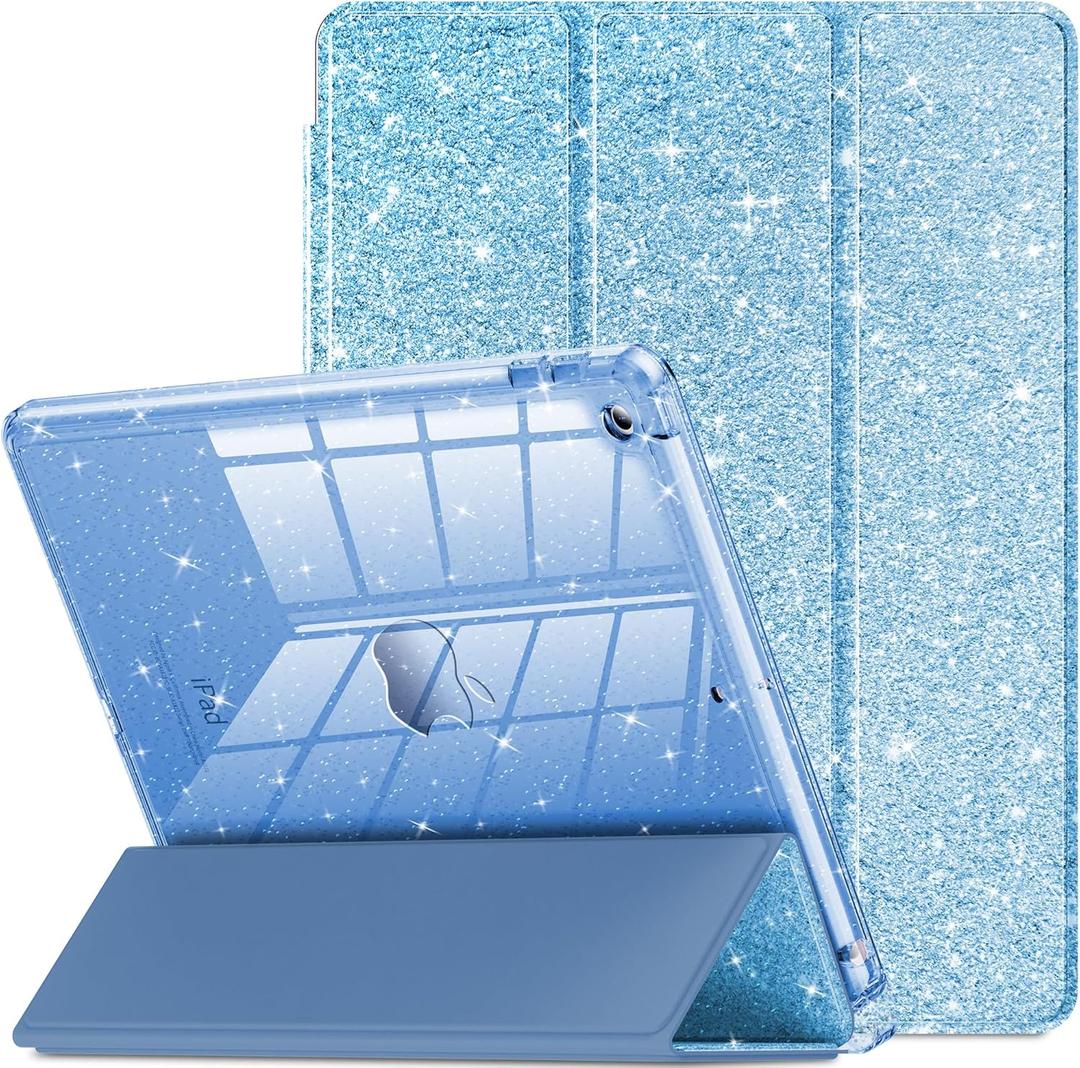 INFILAND for iPad 9th/8th/7th Generation - 10.2 inch Glitter Case, Blue with Clear Back, Pencil Holder for Kids