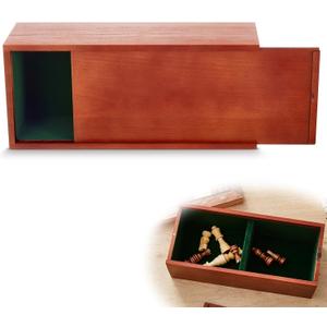 Heavy Slide-top Chess Pieces Storage Box Wooden Case Only 12.5 x 5.5 x 4 Inches with Flannel Lining with 2 Large Storage Compartments Hold a Set of Chess Pieces from 3.0" to 4.4"