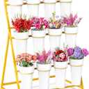 Asee'm Flower Display Stand with Buckets, 3 Layer Metal Flower Bar Stand, Heavy Duty Flowers Cart Display with Wheels Moving Plant Bouquet Shelf for Indoor Outdoor Patio Decor Terrace Wedding Gold