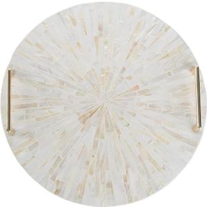 PEMAR Mother of Pearl Decorative Tray, 13" Round Display & Serving Tray with Gold Handles, Vanity/Perfume/Trinket Catchall for Dresser, Bathroom, Vanity Table (White Cream Sunlight Starburst Pattern)