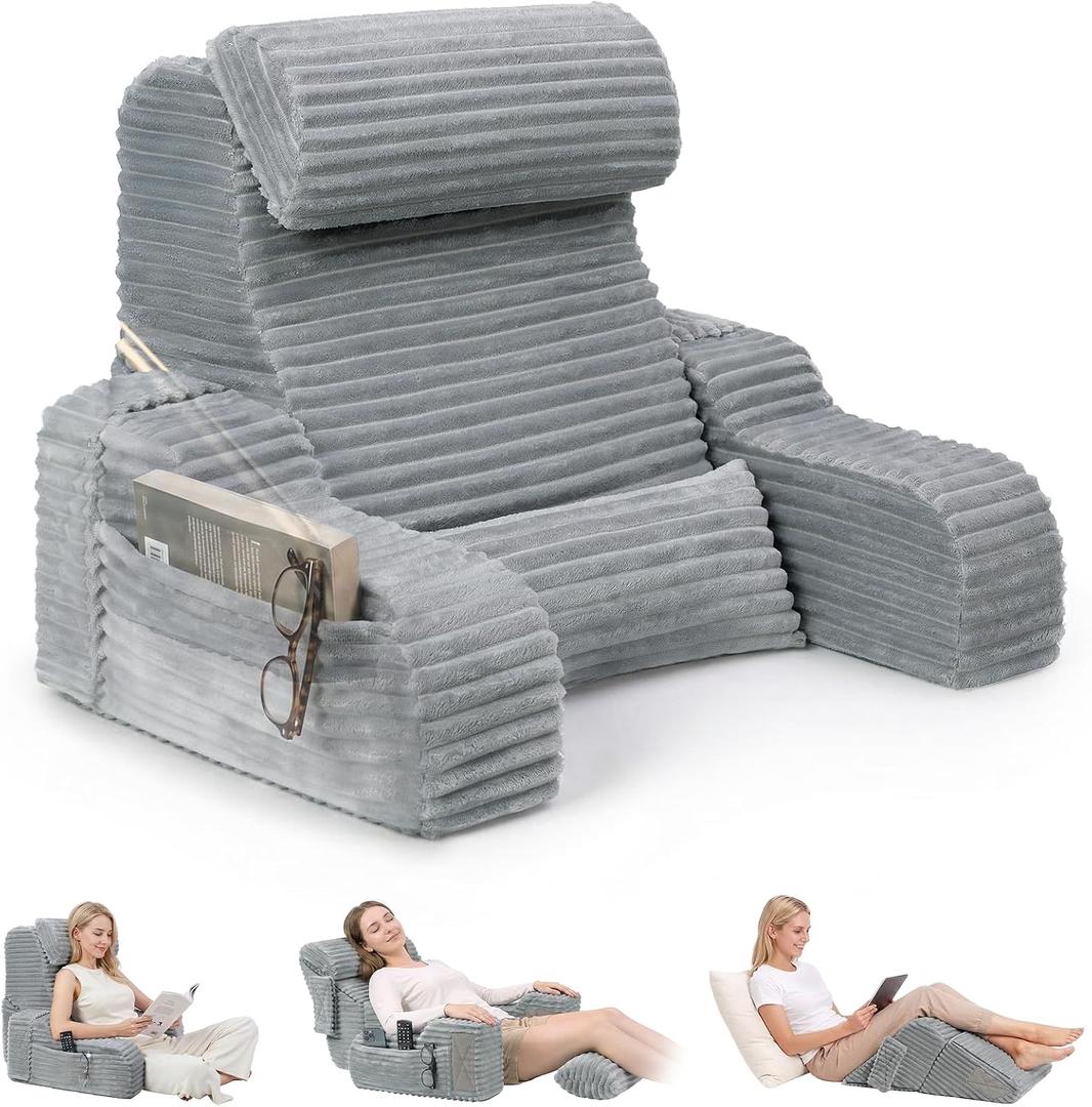 Foldable 5PCS Reading Pillow for Bed, Grey, 19 | 2 in 1 Bed Pillow for Sitting Up, Back Pillow with Arms, Wedge Pillow for Watching TV, Reading, Gaming, Post Surgery, Nursing