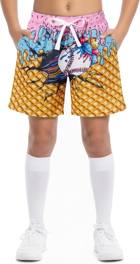 Cozople Boys Athletic Shorts Kids Basketball Shorts Mesh Breathable Shorts for 7-16 Years (Baseball Ice Cream)