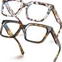VISOONE 2 Pack Rectangle TR90 Blue Light Blocking Glasses Computer Eyewear with Preppy Look for Women and Men Cougar (Amber Tortoise + Cheetah Tortoise)