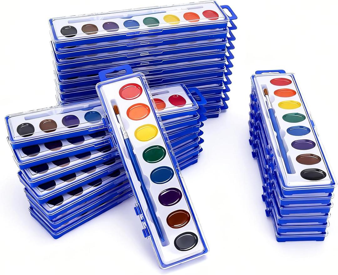 Watercolor Paint Sets, 8 Washable Colors With Brushes, 25 Pack Water Color Paint Bulk For Classroom, Party Favors and Art Activities