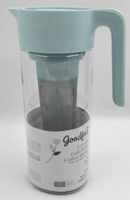 Goodful Cold Brew Iced Coffee Maker, Durable, Shatterproof Tritan Pitcher, LeakProof Lid, Large Capacity with Deluxe Stainless Steel Filter, 2.25Quart, Aqua