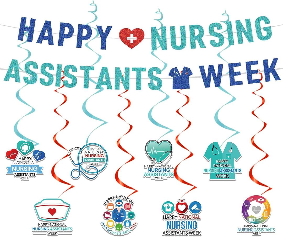 EUOYUFO CNA Week Party Decorations Include Glitter Happy Nursing Assistants Week Banners Hanging Swirls National Caregivers Day Appreciation Theme Decor Supplies