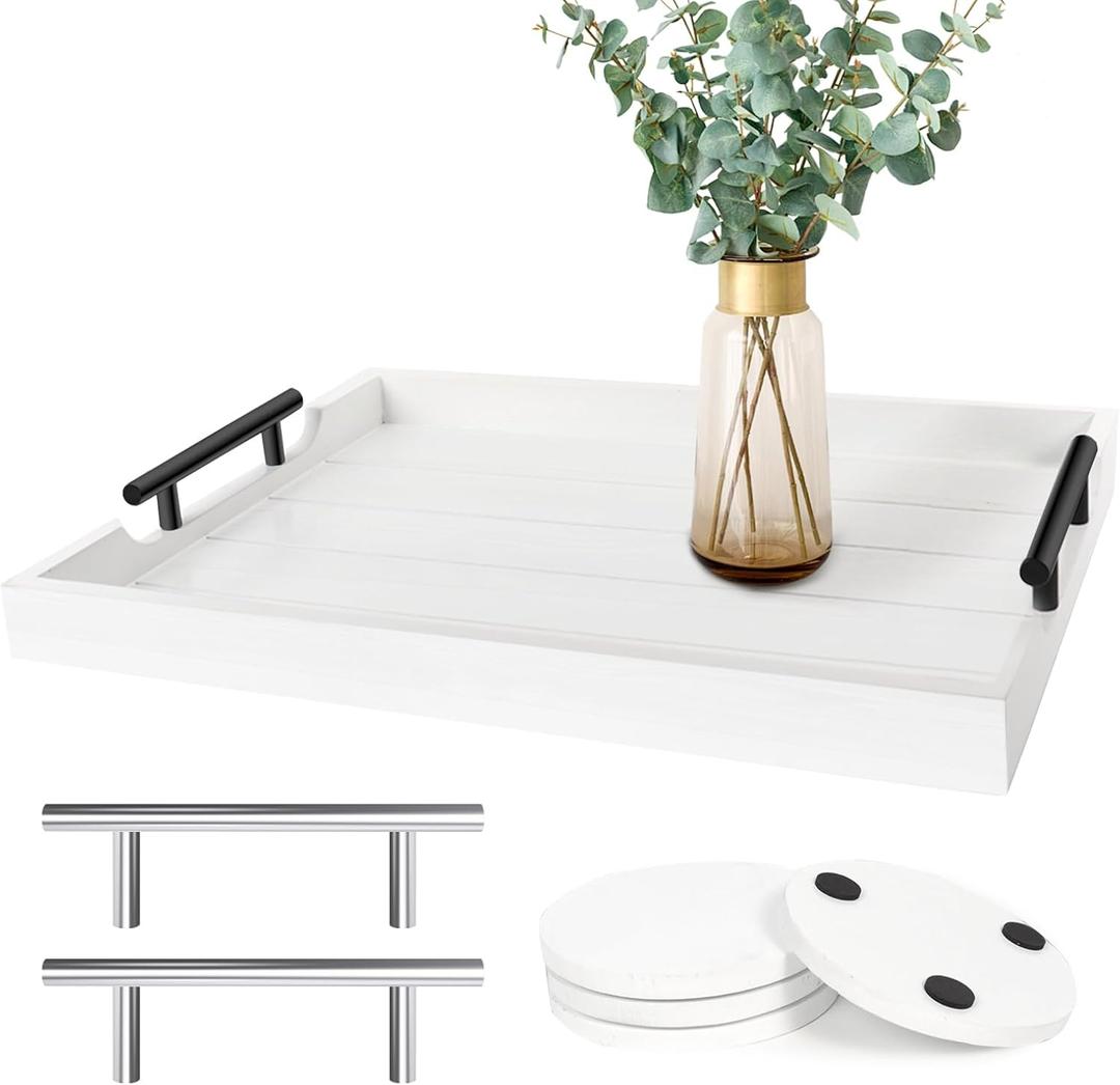 Coffee Table Tray - Large Ottoman Tray for Living Room - Wood Serving Tray with 2 Sets of Handles - Wooden Tray for Coffee Table, 4 Round Coasters Included, White