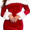 Christmas Party Sexy Dresses- Womens Off The Shoulder Long Sleeve Fur Trim Velvet Ruched Bodycon Club Mini Dress (S)