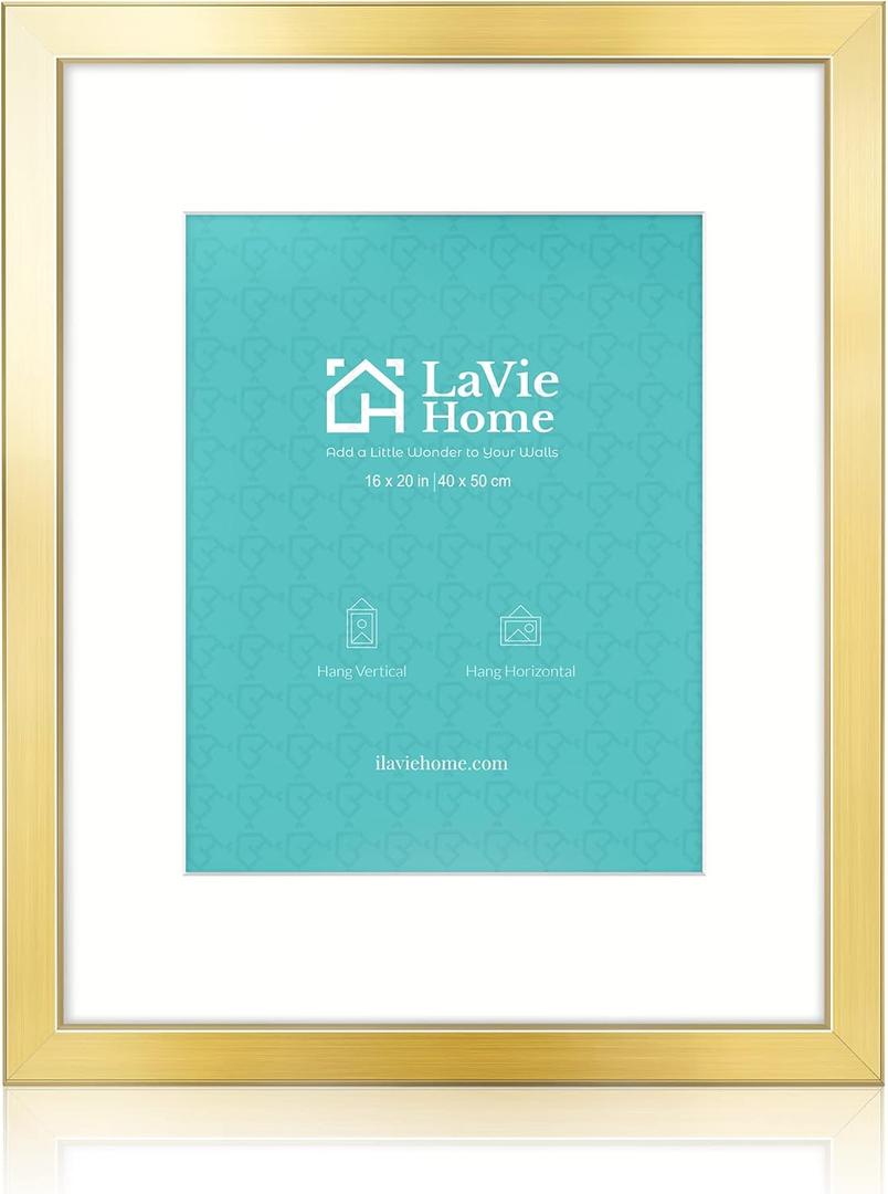 LaVie Home 16x20 Picture Frame Gold Poster Frame,Display Pictures 11x14 with Mat or 16x20 Without Mat, Stable and Sturdy Frame and Polished Plexiglass, Horizontal and Vertical Format of The Walls