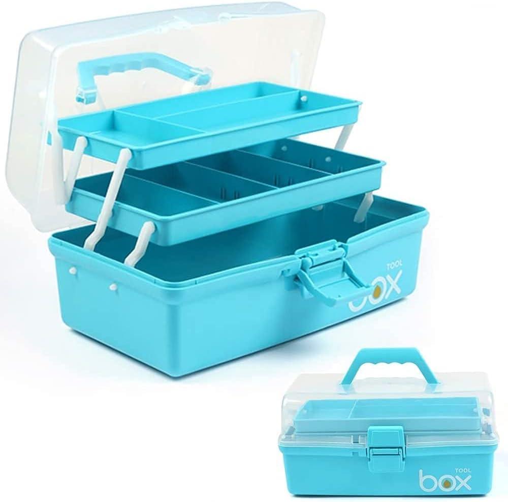 12in 3-Layer Plastic Craft Organizers and Storage, Portable Folding Tackle Box with Handle & Adjustable Dividers, Multipurpose Case for Sewing, Art Supplies, Medicine, Tools (Blue)