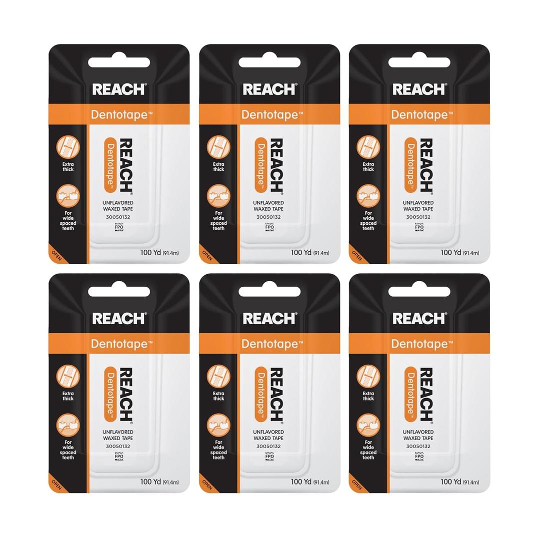 REACH Dentotape Waxed Dental Floss Tape, Unflavored, Extra Wide Floss, Shred & Frey Resistant, Plaque Remover for Teeth, Easy on Gums & Teeth, Oral Care, PFAS Free, for Adults & Kids, 6 Pack, 100 yd