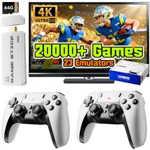 Upgrade Retro Gaming Console Pro, Wireless Retro Game Stick Console with 20000+ Games, Built-in 23 Game Emulators, Video Games Plug and Play with Upgrade Dual 2.4G Wireless Controllers White (64G)