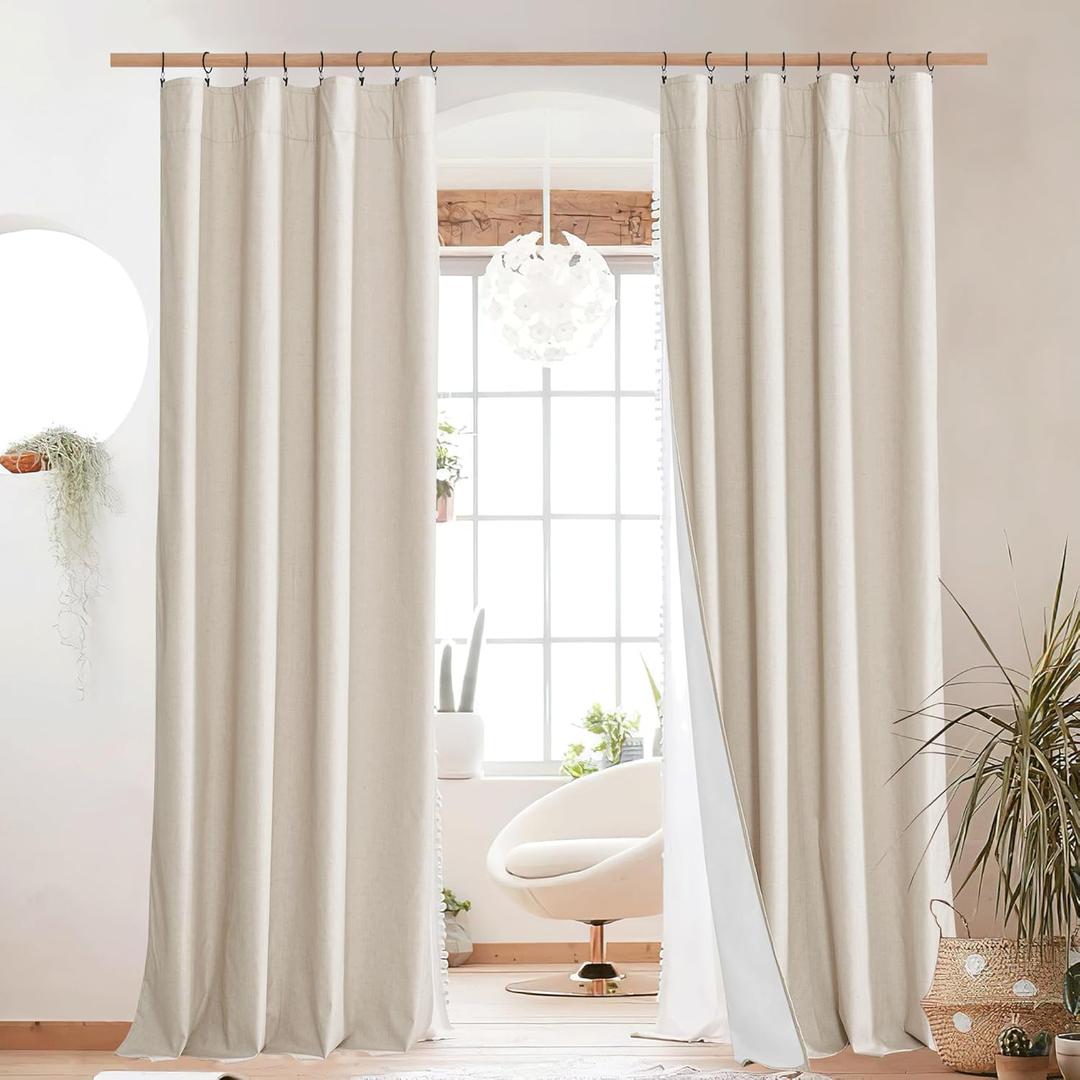 NICETOWN 100% Blackout Linen Curtains for Bedroom with Thermal Insulated White Liner, W52 x L95, 2 PCs, Beige, Long Drapes Sweep The Floor Decorative Keep Privacy Panels for Living Room/Villa