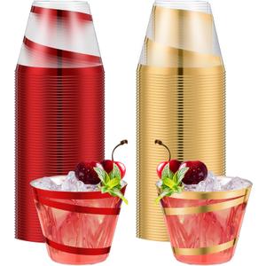Gejoy 9 oz Rimmed Swirl Plastic Cups Disposable Wine Drinking Cups Clear Elegant Halloween Tumblers for Christmas Party Supplies(Red, Gold,100 Pcs)